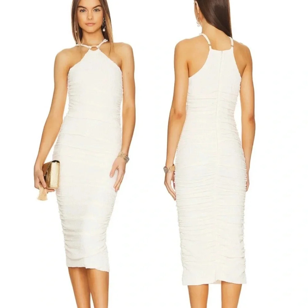 Likely Carmona Stretch Knit Halter Midi Dress in Cream Tan Size 6 NWT